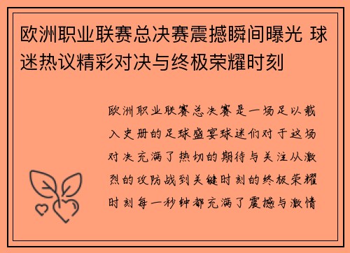 欧洲职业联赛总决赛震撼瞬间曝光 球迷热议精彩对决与终极荣耀时刻
