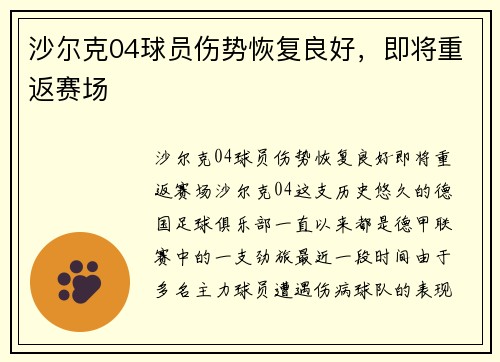 沙尔克04球员伤势恢复良好，即将重返赛场