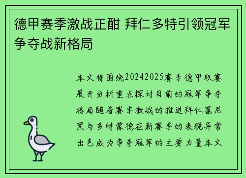 德甲赛季激战正酣 拜仁多特引领冠军争夺战新格局