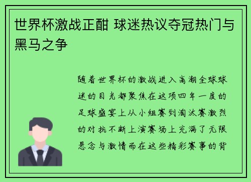 世界杯激战正酣 球迷热议夺冠热门与黑马之争